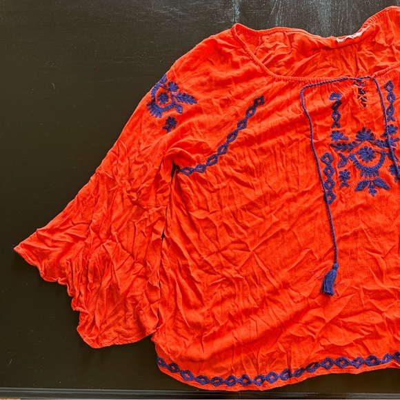 JohnPaulRichard 3XL Orange and Blue Off the Shoulder Embroidered Wide Sleeve - Picture 2 of 10